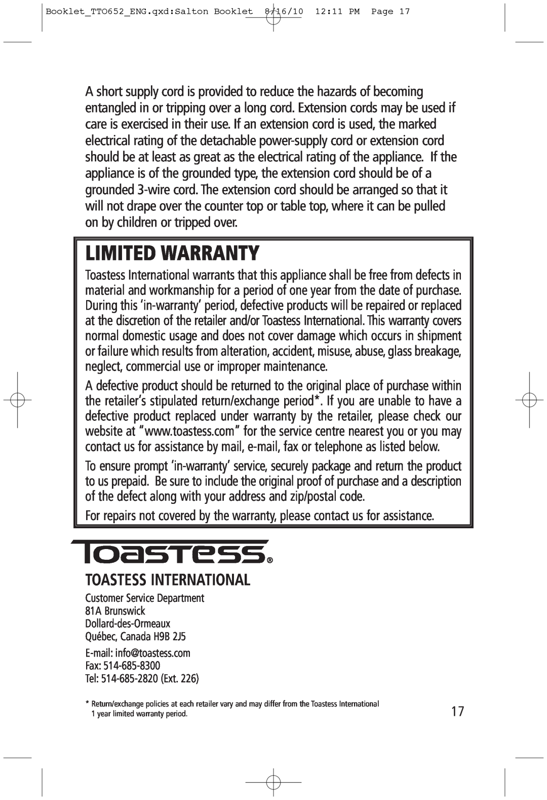 Toastess TTO652 manual Toastess International, Limited Warranty 