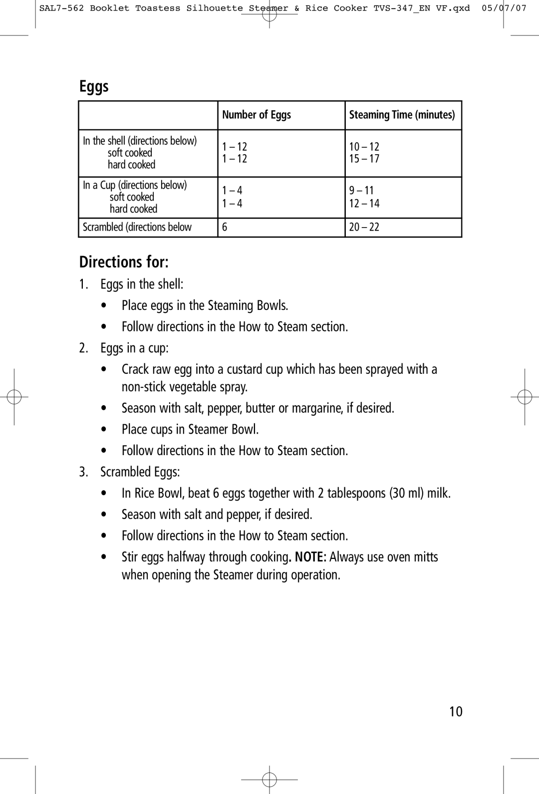 Toastess TVS347 manual Directions for, Number of Eggs 