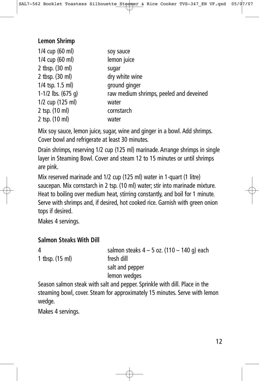 Toastess TVS347 manual Lemon Shrimp, Cup 125 ml Water Tsp ml Cornstarch 