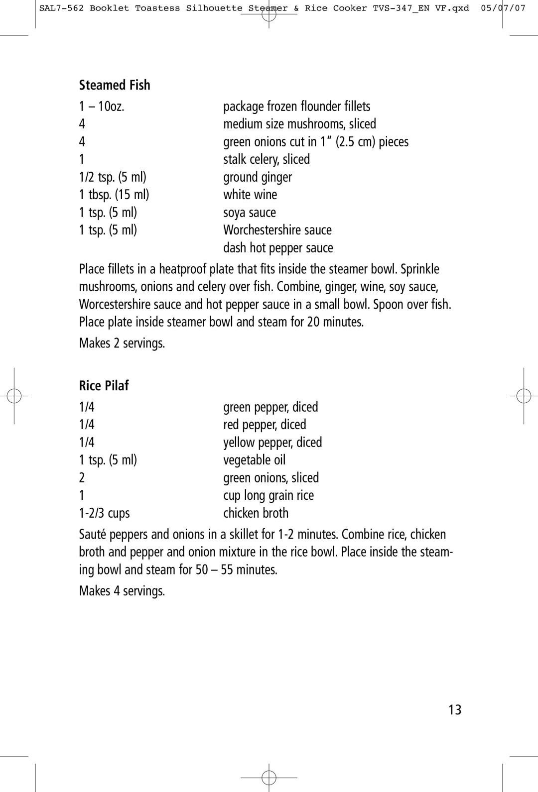 Toastess TVS347 manual Steamed Fish, Rice Pilaf 