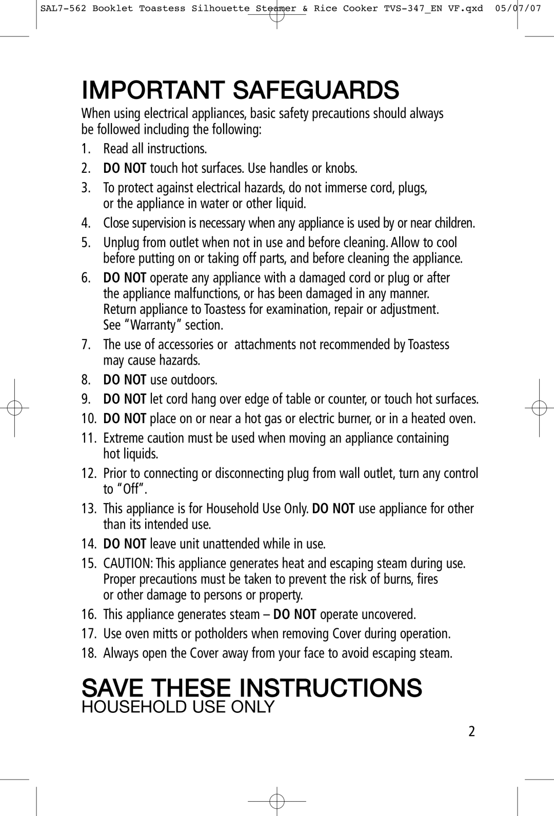 Toastess TVS347 manual Important Safeguards 