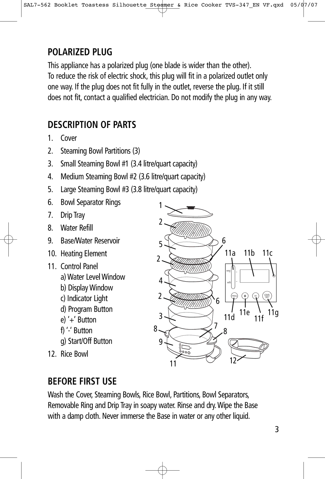 Toastess TVS347 manual Polarized Plug, Description of Parts, Before First USE, 11e 