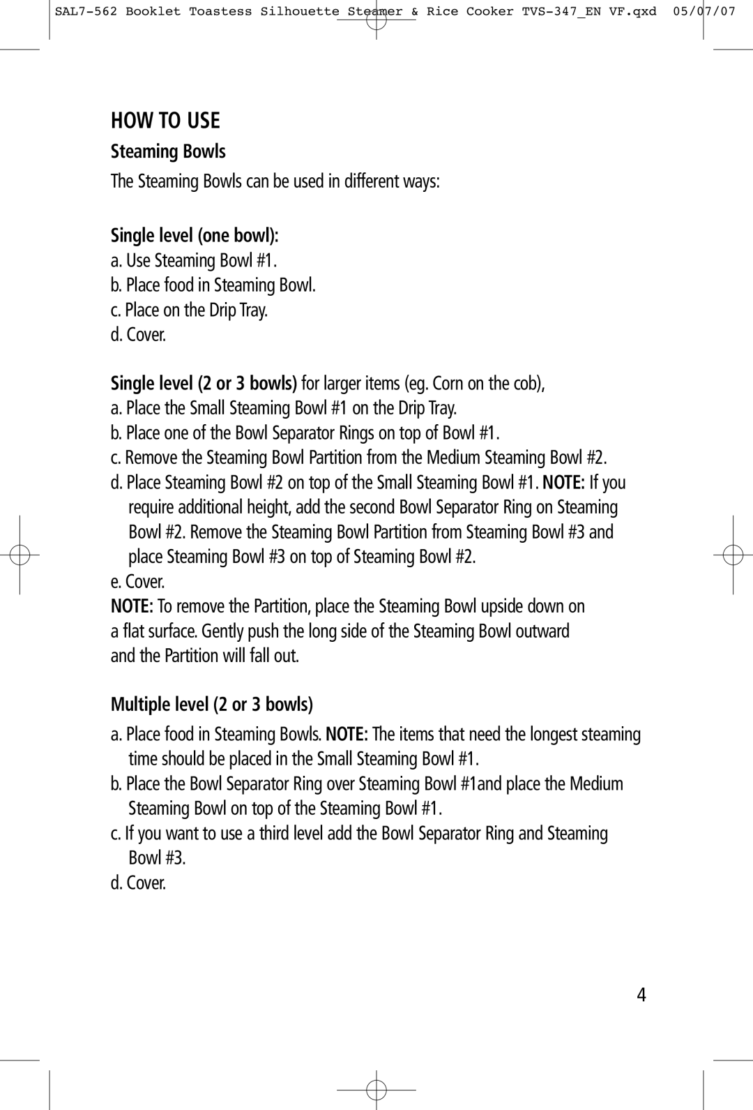 Toastess TVS347 manual HOW to USE, Steaming Bowls, Multiple level 2 or 3 bowls 