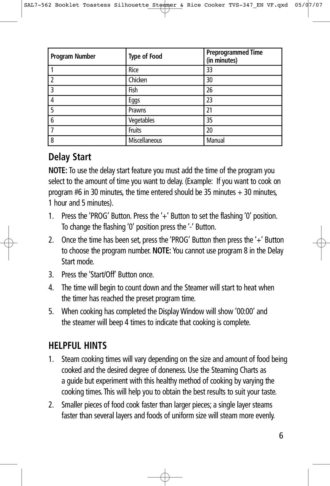 Toastess TVS347 manual Delay Start, Helpful Hints, Program Number Type of Food, Minutes 