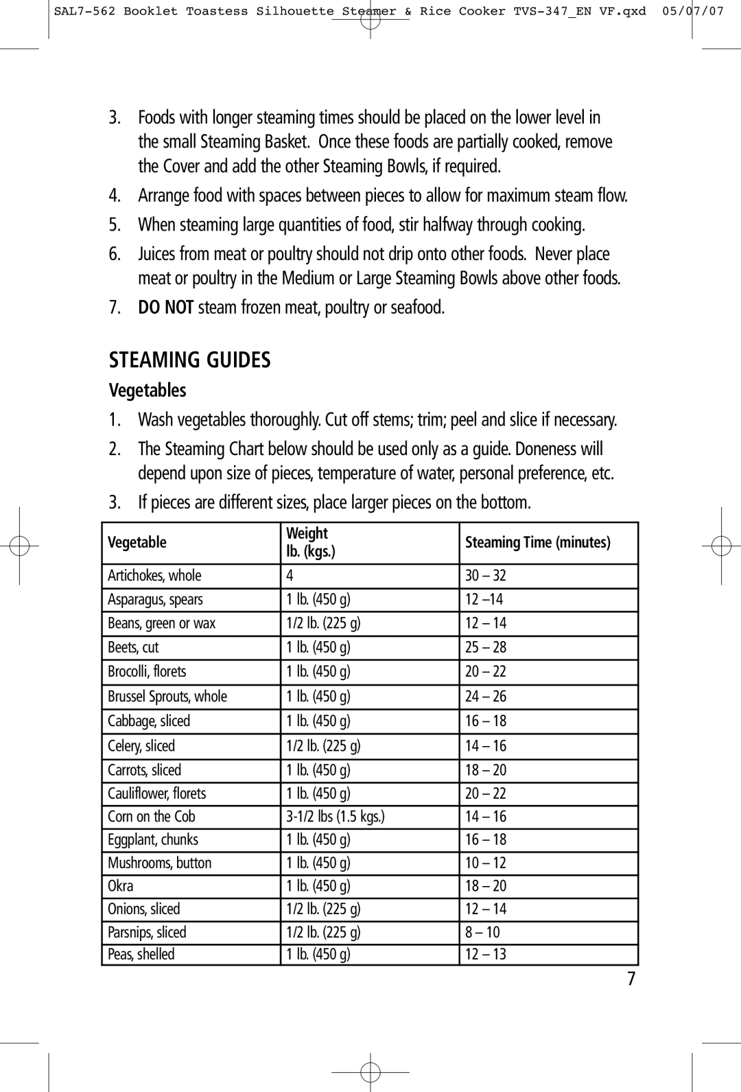Toastess TVS347 manual Steaming Guides, Do not steam frozen meat, poultry or seafood, Vegetables, Vegetable Weight, Lb. kgs 