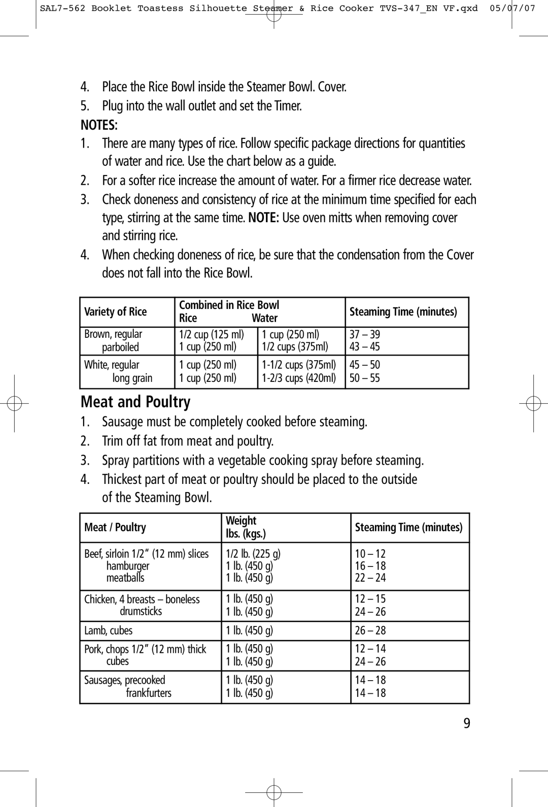 Toastess TVS347 manual Meat and Poultry, Variety of Rice Combined in Rice Bowl, Rice Water, Meat / Poultry Weight, Lbs. kgs 