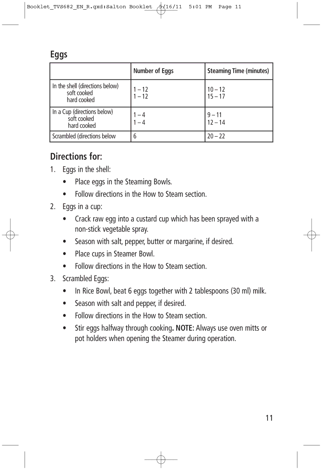 Toastess TVS682 manual Directions for, Number of Eggs 