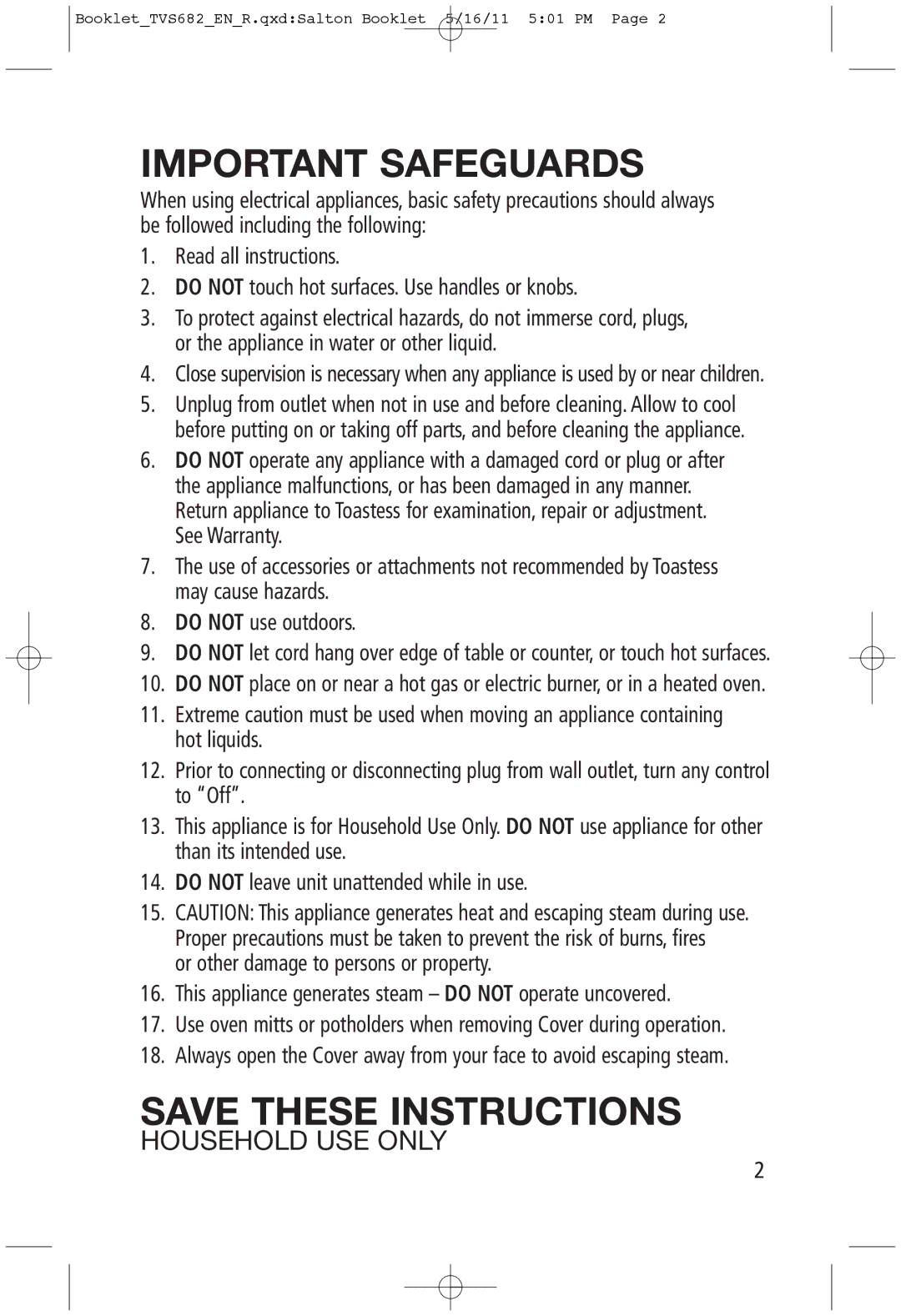 Toastess TVS682 manual Important Safeguards 