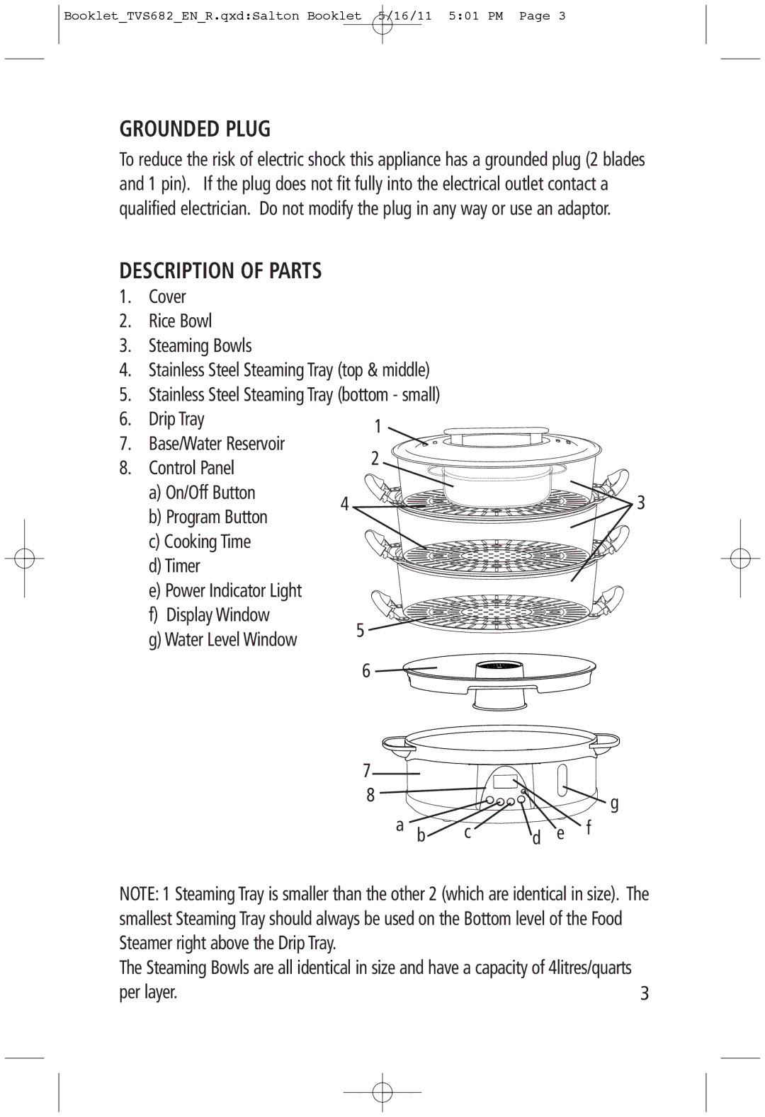 Toastess TVS682 manual Grounded Plug, Description of Parts, Display Window, Steamer right above the Drip Tray, Per layer 