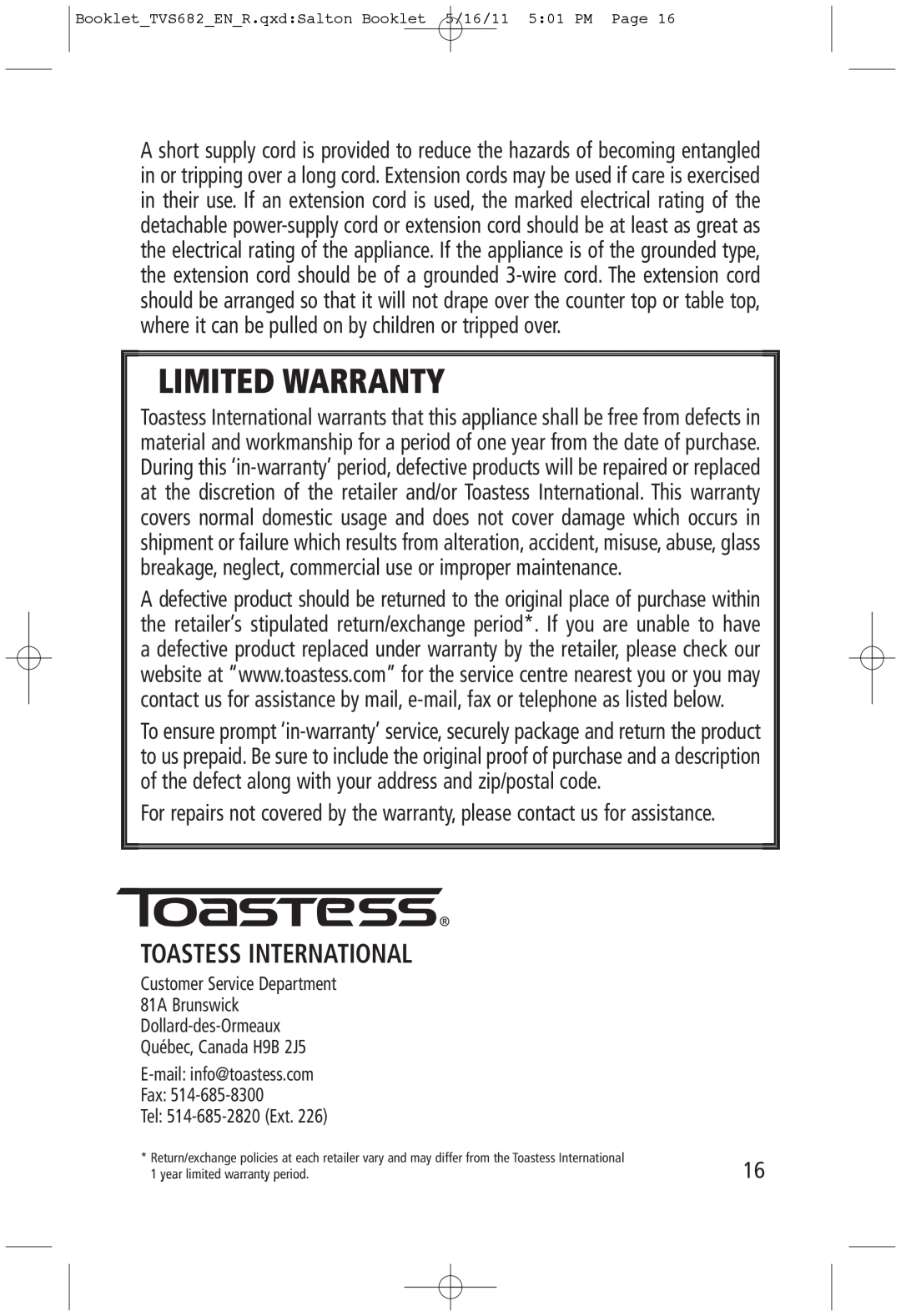 Toastess TVS682 manual Toastess International, Limited Warranty 