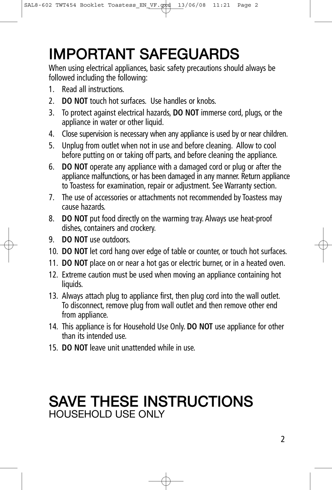 Toastess TWT20 manual Household Use Only, Important Safeguards, Save These Instructions 