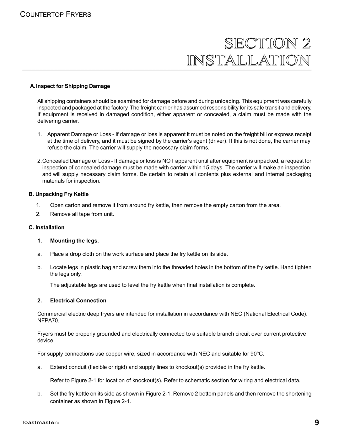 Toastmaster 1439 Inspect for Shipping Damage, Unpacking Fry Kettle, Installation Mounting the legs, Electrical Connection 