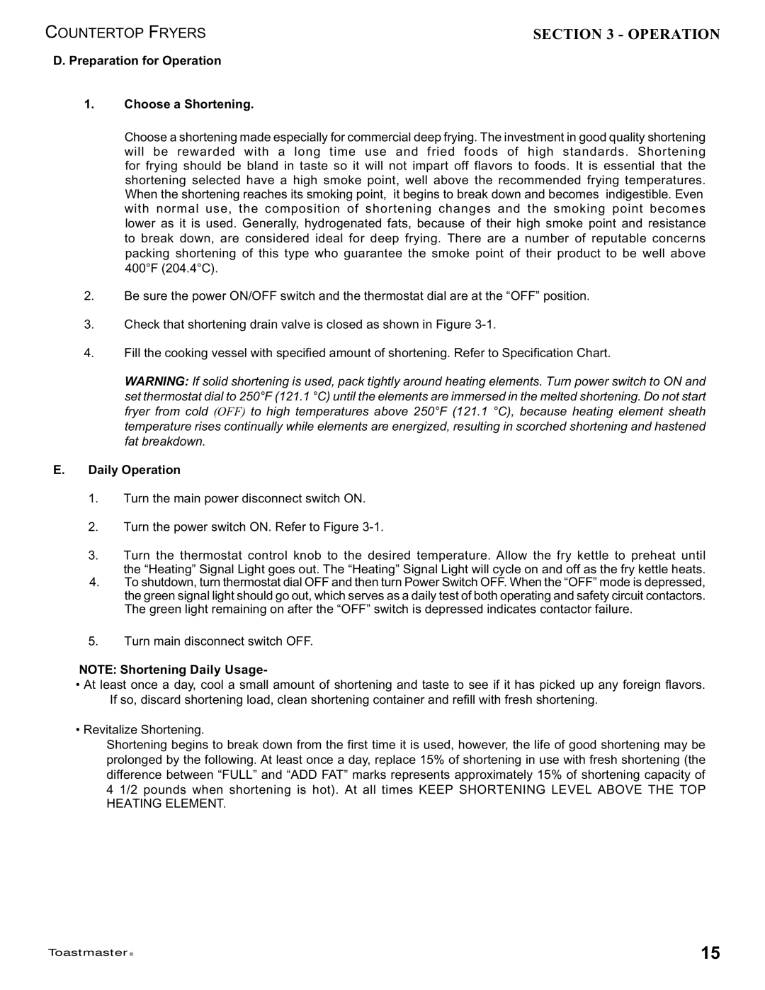 Toastmaster 1439, 1427 manual Preparation for Operation Choose a Shortening, Daily Operation 