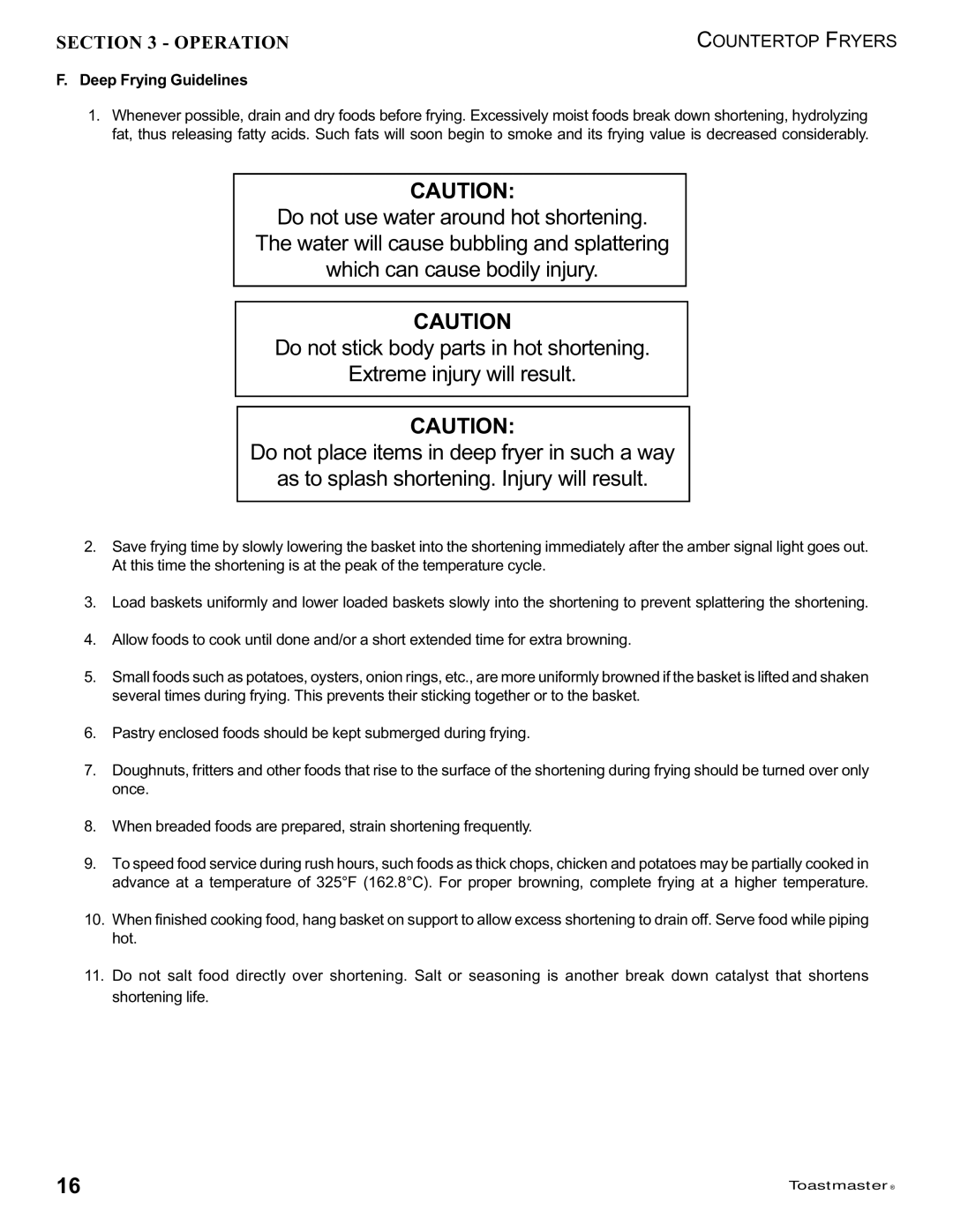 Toastmaster 1427, 1439 manual Deep Frying Guidelines 