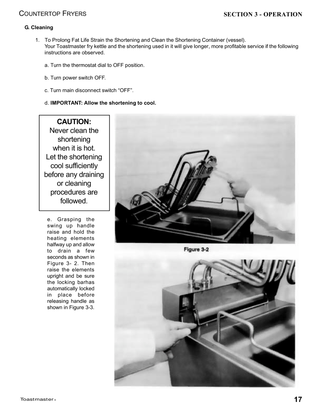 Toastmaster 1439, 1427 manual Cleaning, Important Allow the shortening to cool 