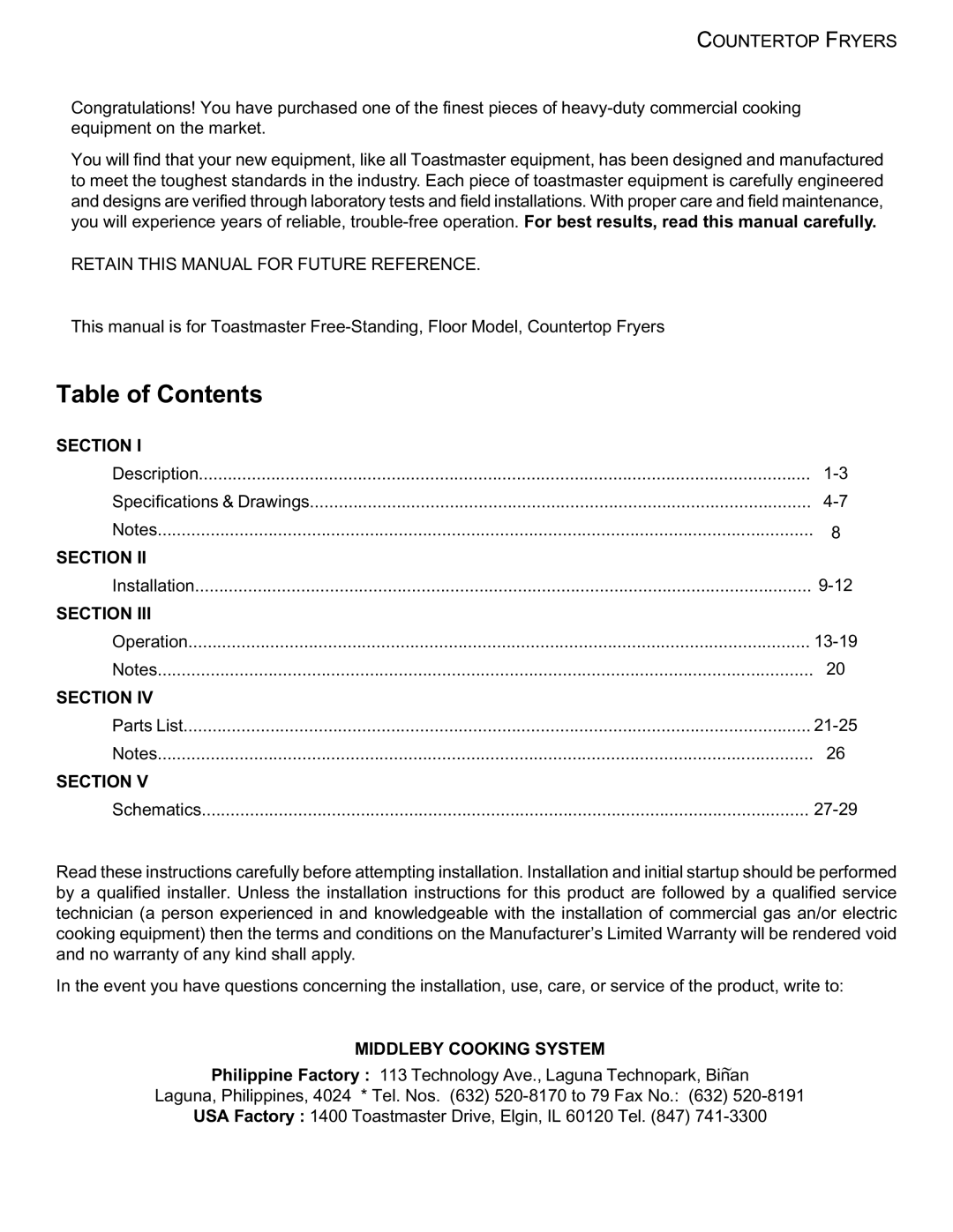 Toastmaster 1427, 1439 manual Table of Contents 