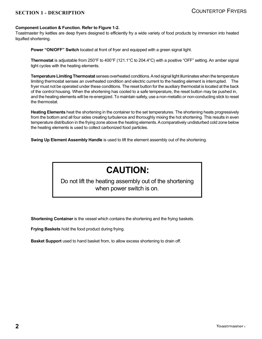 Toastmaster 1427, 1439 manual Description, Component Location & Function. Refer to Figure 