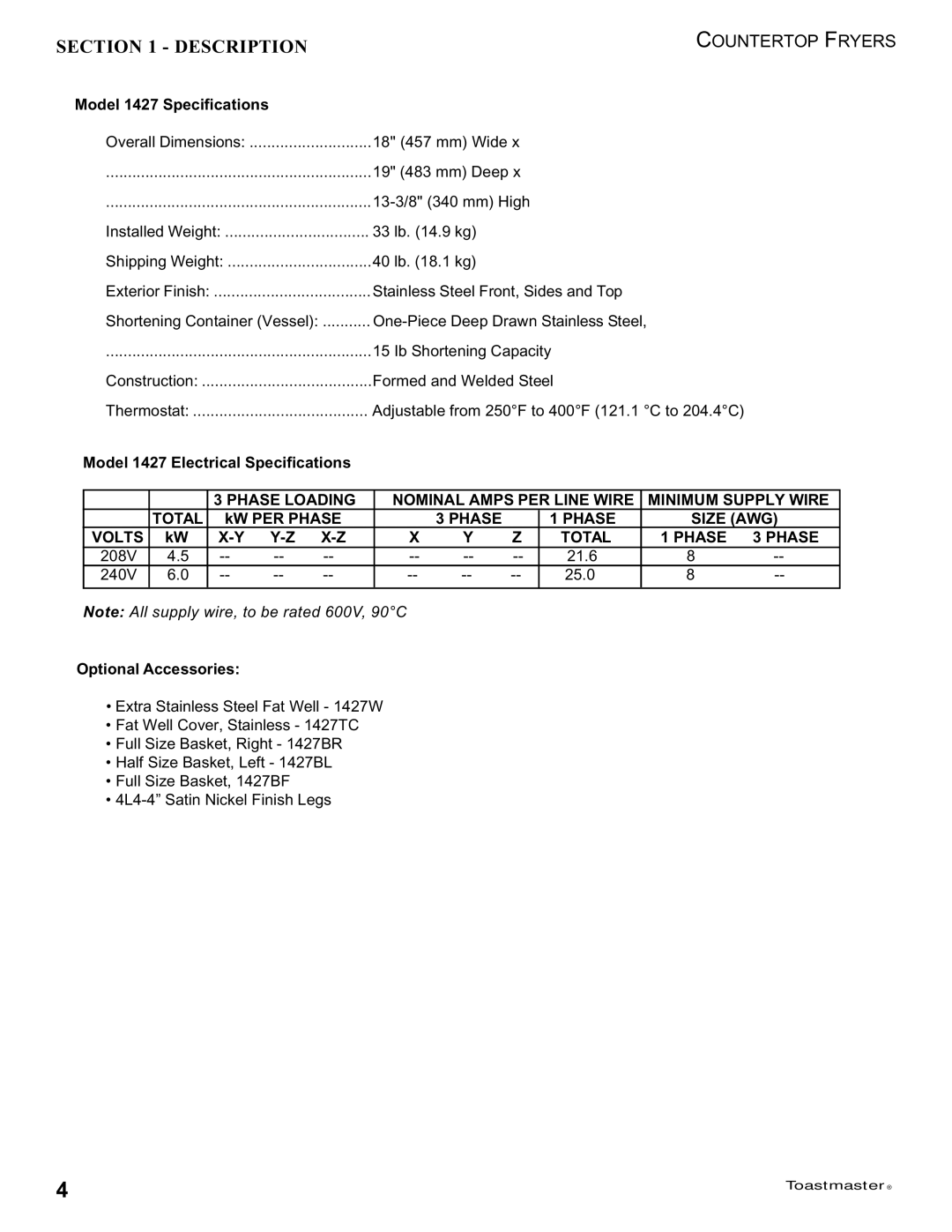 Toastmaster 1439 Model 1427 Specifications, Model 1427 Electrical Specifications, KW PER Phase, Optional Accessories 