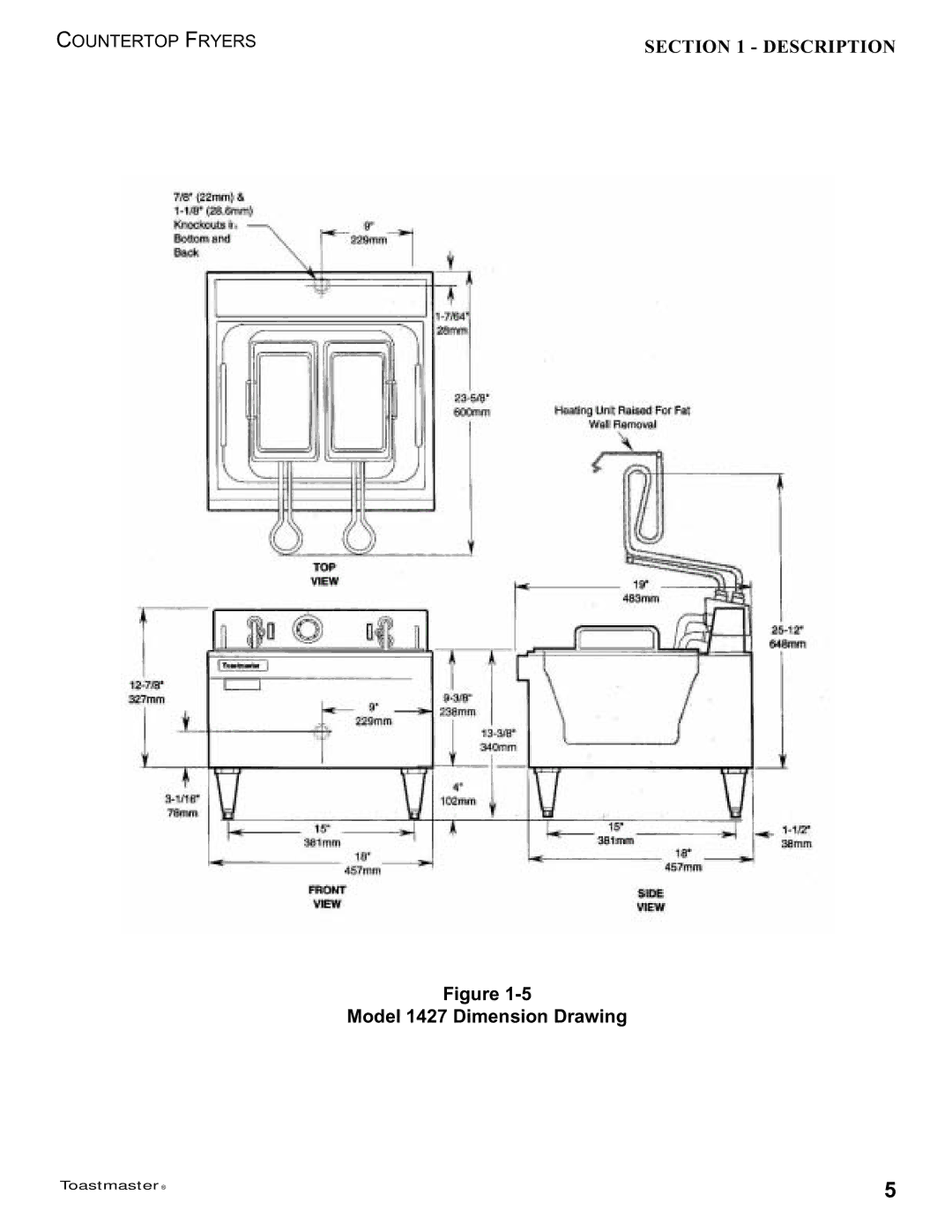 Toastmaster 1439 manual Model 1427 Dimension Drawing 