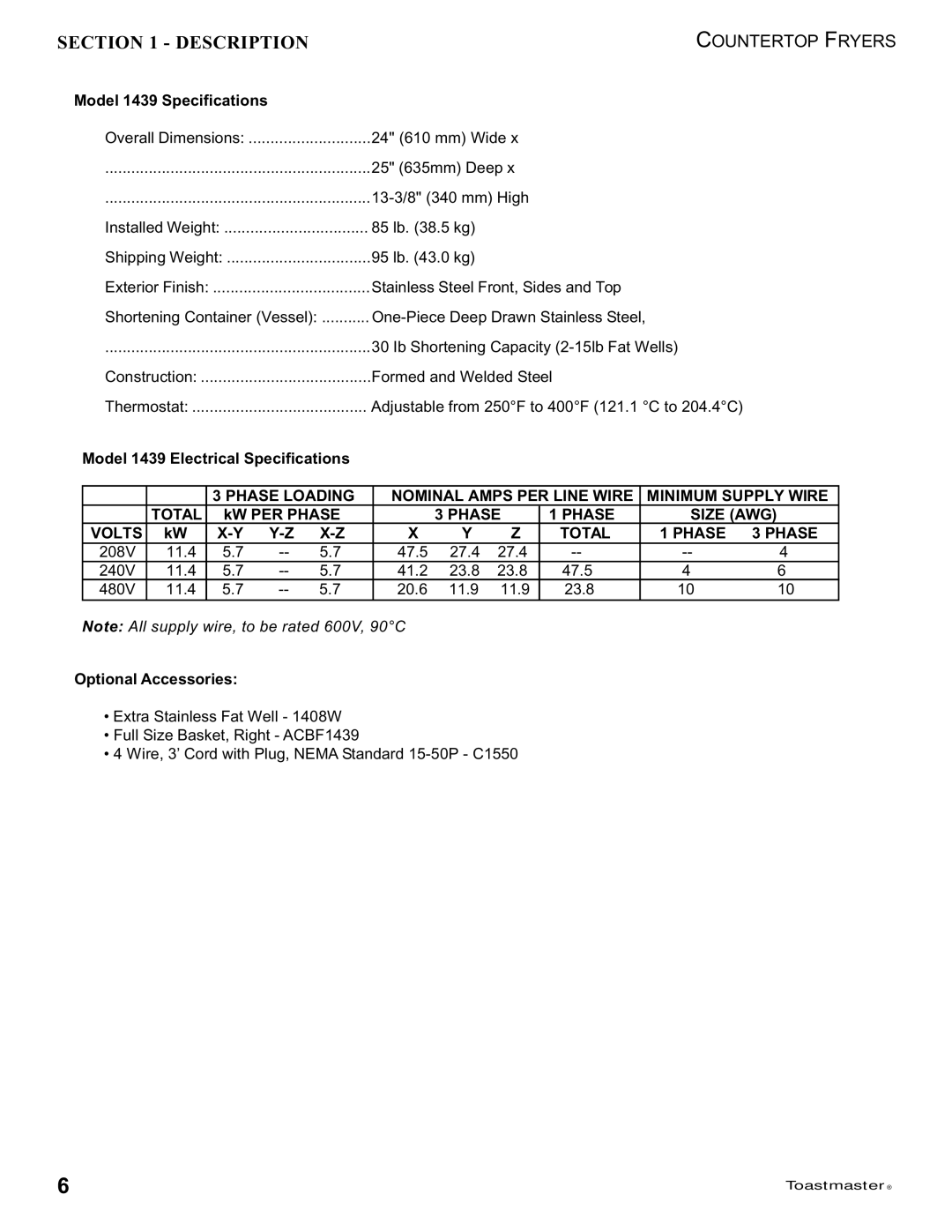 Toastmaster 1427 manual Model 1439 Specifications, Model 1439 Electrical Specifications 