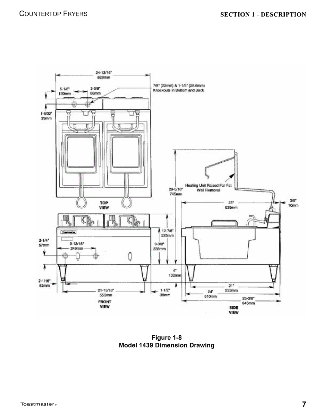 Toastmaster 1427 manual Model 1439 Dimension Drawing 