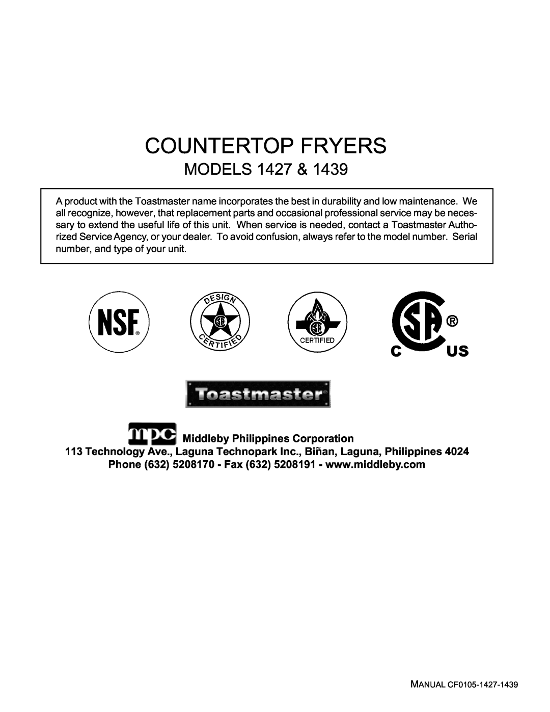 Toastmaster 1439 manual Middleby Philippines Corporation, Countertop Fryers, MODELS 1427 