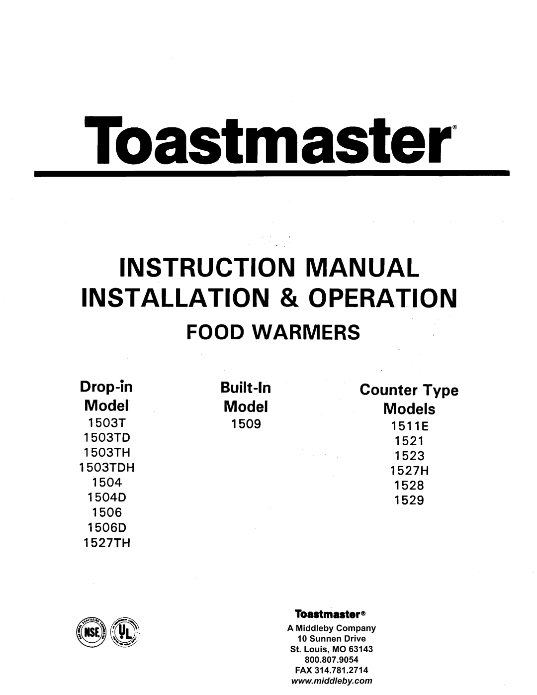 Toastmaster 1528, 1529, 1509, 1506D, 1503TH, 1523, 1521, 1504D, 1527TH, 1527H, 1503TDH, 1511E manual 