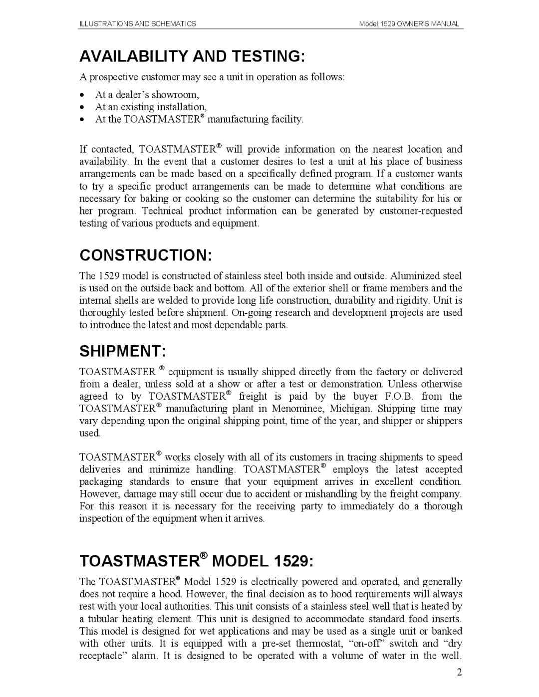 Toastmaster 1529 owner manual Availability and Testing, Construction, Shipment, Toastmaster Model 