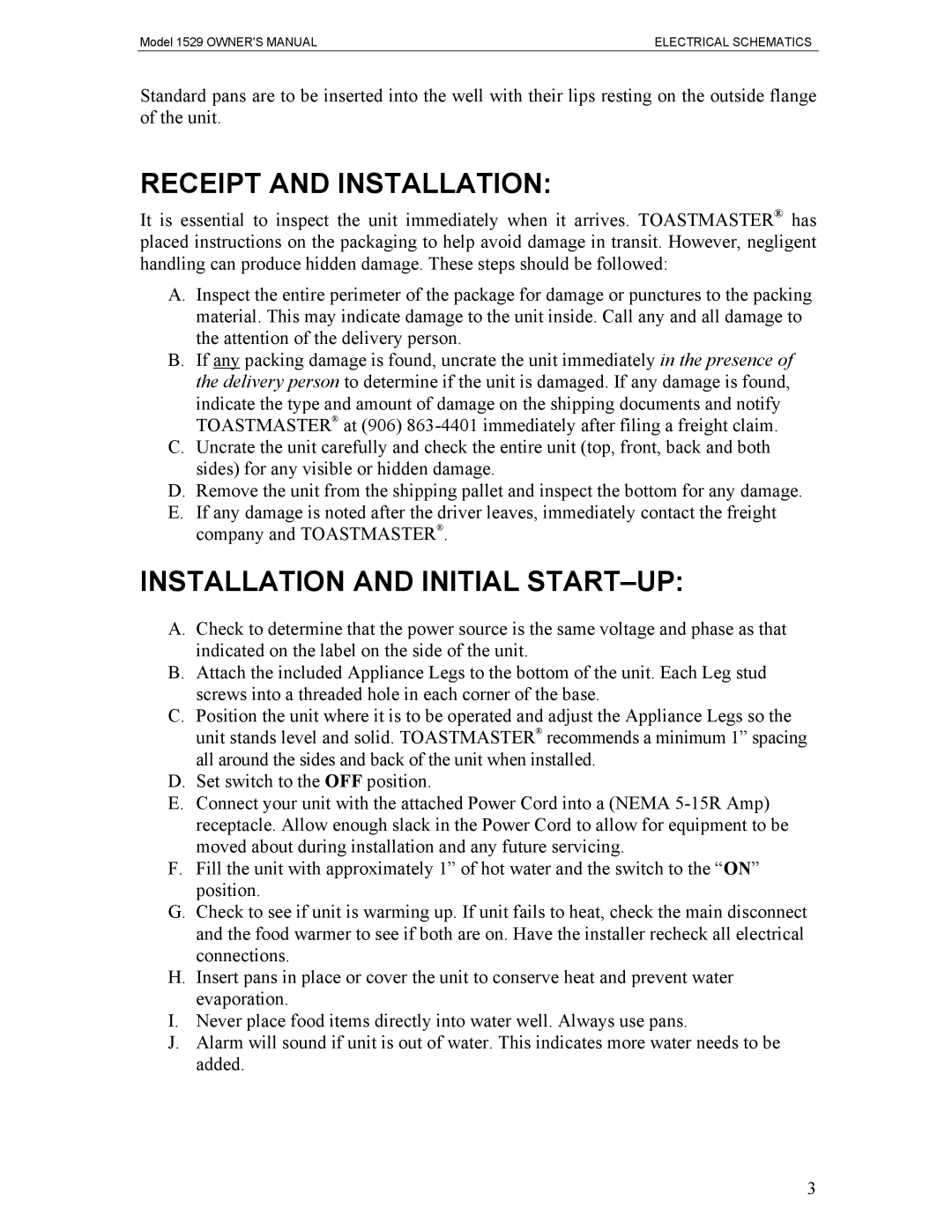 Toastmaster 1529 owner manual Receipt and Installation, Installation and Initial START-UP 