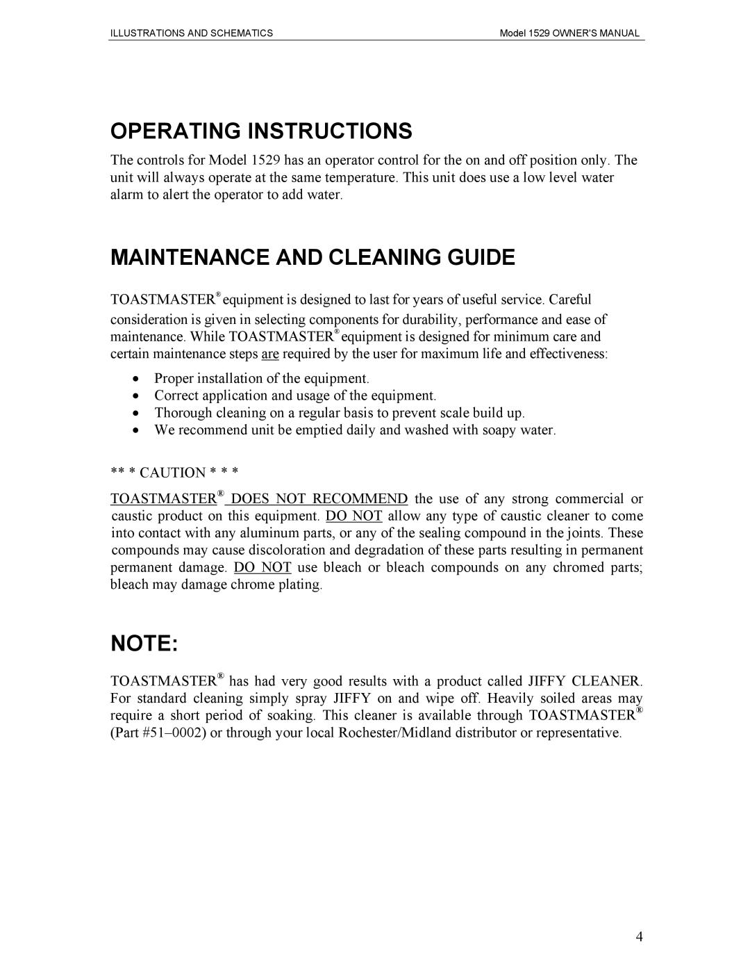 Toastmaster 1529 owner manual Operating Instructions, Maintenance and Cleaning Guide 