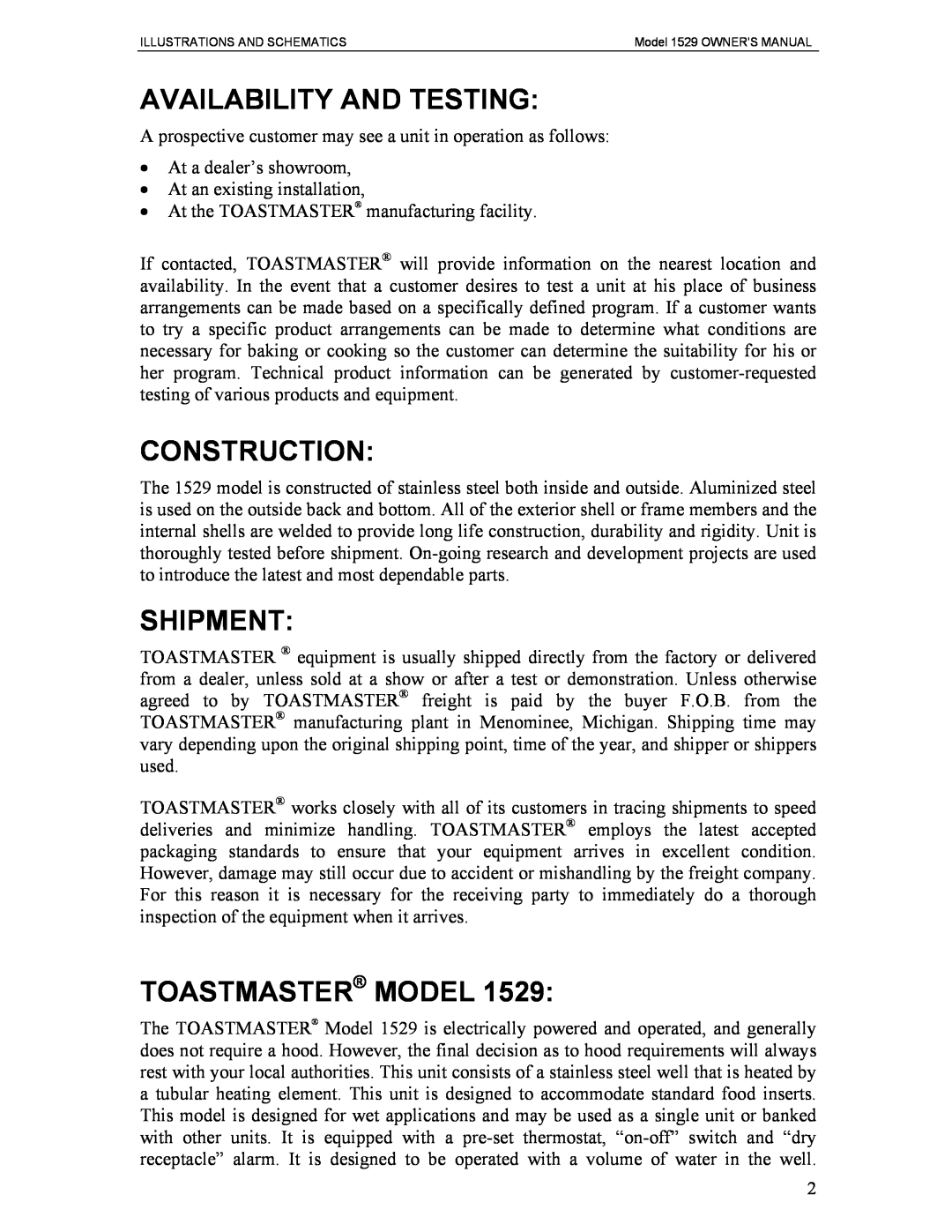 Toastmaster 1529 owner manual Availability And Testing, Construction, Shipment, Toastmaster Model 