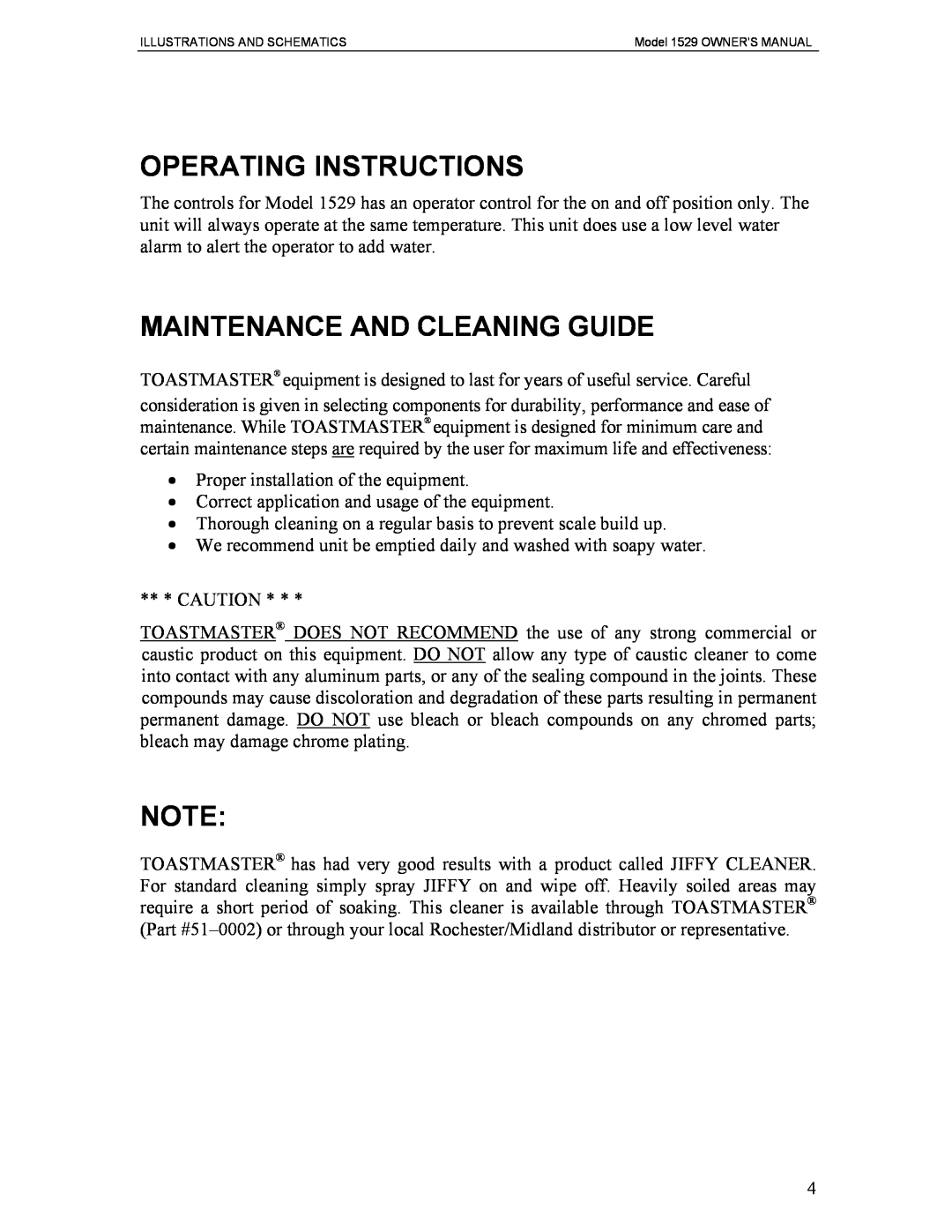 Toastmaster 1529 owner manual Operating Instructions, Maintenance And Cleaning Guide 