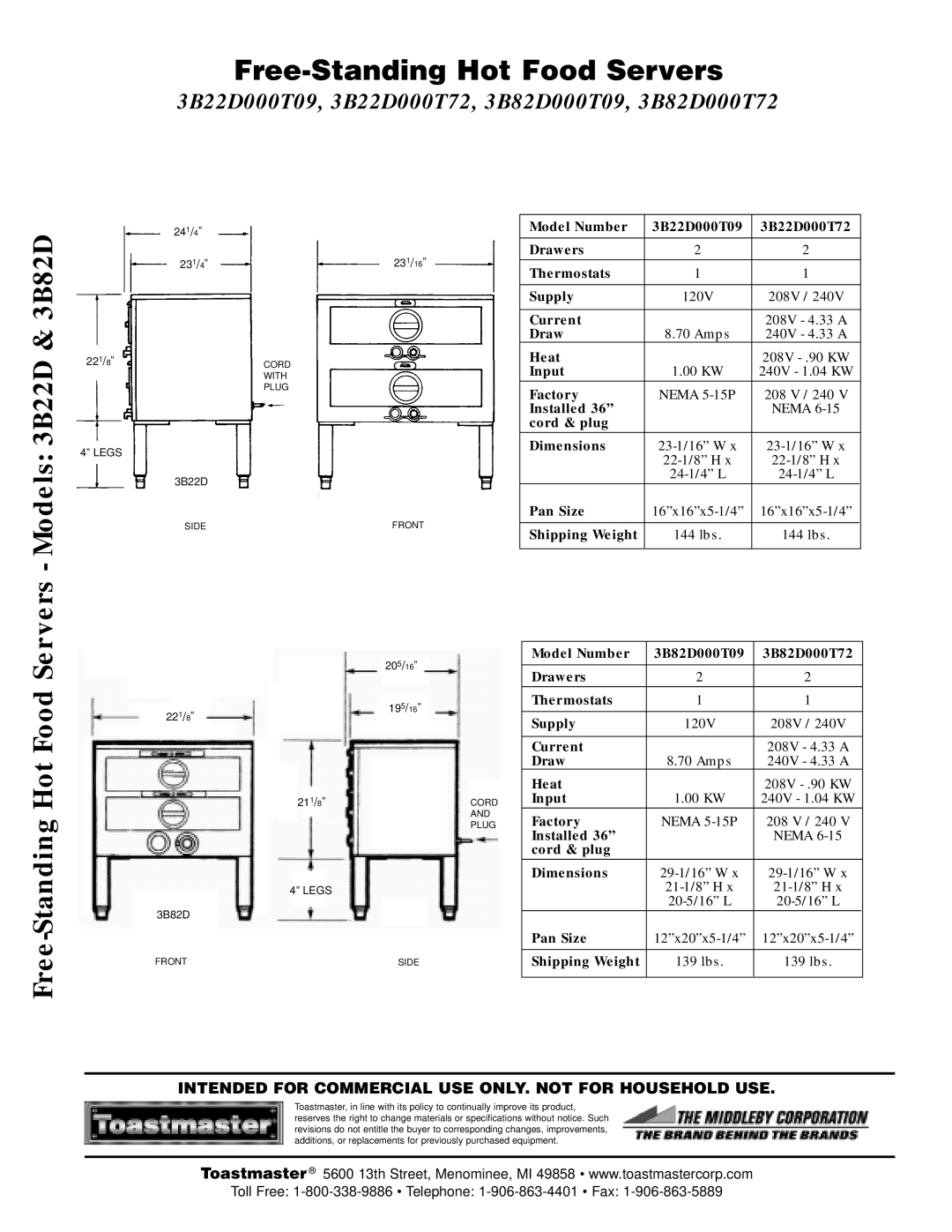 Toastmaster 3B22D000T72, 3B82D000T09, 3B22D000T09, 3B82D000T72 warranty Servers Models 3B22D & 3B82D, Free-Standing 