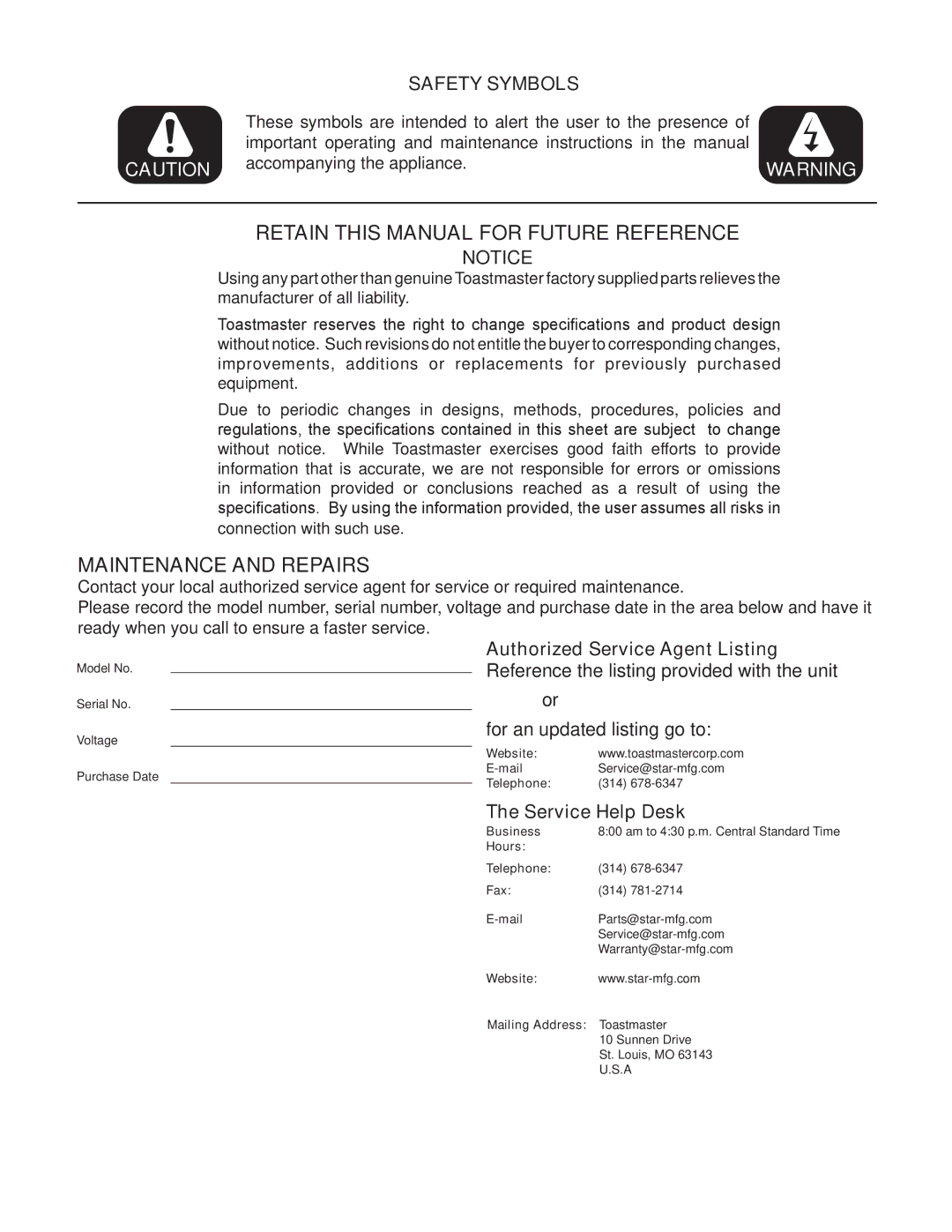 Toastmaster 3B20A, 3C84A, 3B84D, 3C80A, 3A20A, 3A80A, 3B80A, 3D8XD, 3B84A, 3C84D, 3A81D Retain this Manual for Future Reference 