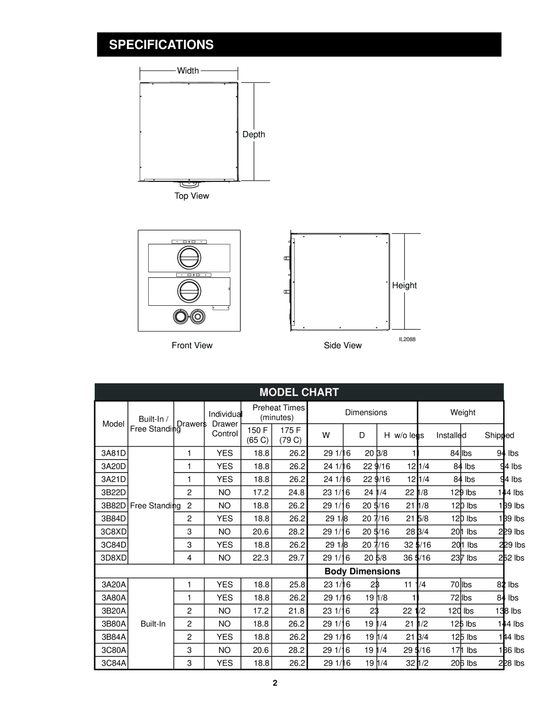 Toastmaster 3A20A, 3C84A, 3B84D, 3B20A, 3C80A, 3A80A, 3B80A, 3D8XD, 3B84A, 3C84D, 3A81D manual Specifications, Body Dimensions 