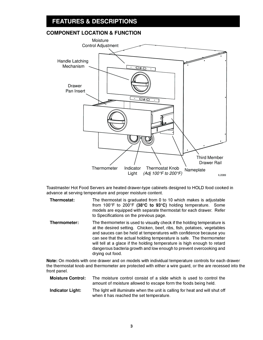 Toastmaster 3A80A, 3C84A, 3B84D, 3B20A, 3C80A, 3A20A, 3B80A, 3D8XD, 3B84A Features & Descriptions, Component Location & Function 