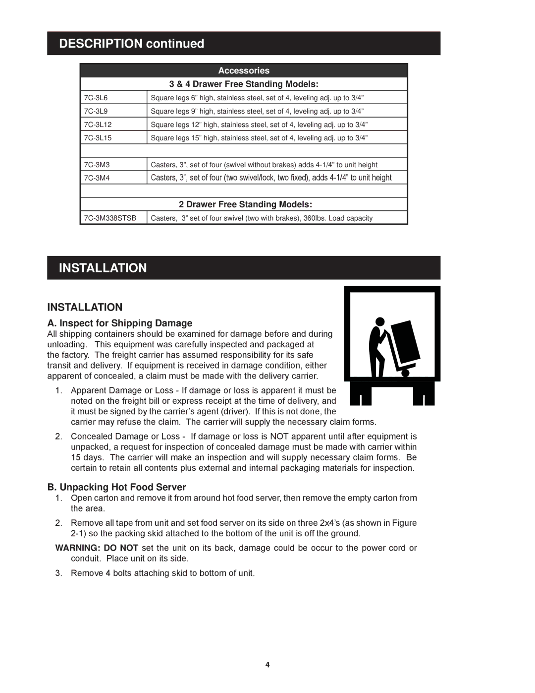 Toastmaster 3B80A, 3C84A Installation, Inspect for Shipping Damage, Unpacking Hot Food Server, Drawer Free Standing Models 