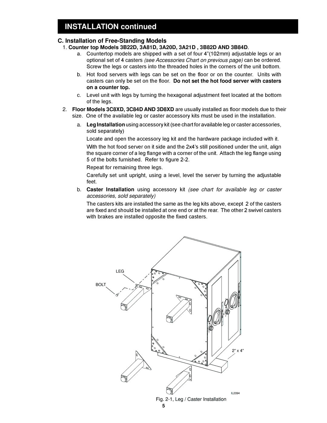 Toastmaster 3D8XD, 3C84A, 3B84D, 3B20A, 3C80A, 3A20A, 3A80A, 3B80A, 3B84A, 3C84D, 3A81D Installation of Free-Standing Models 