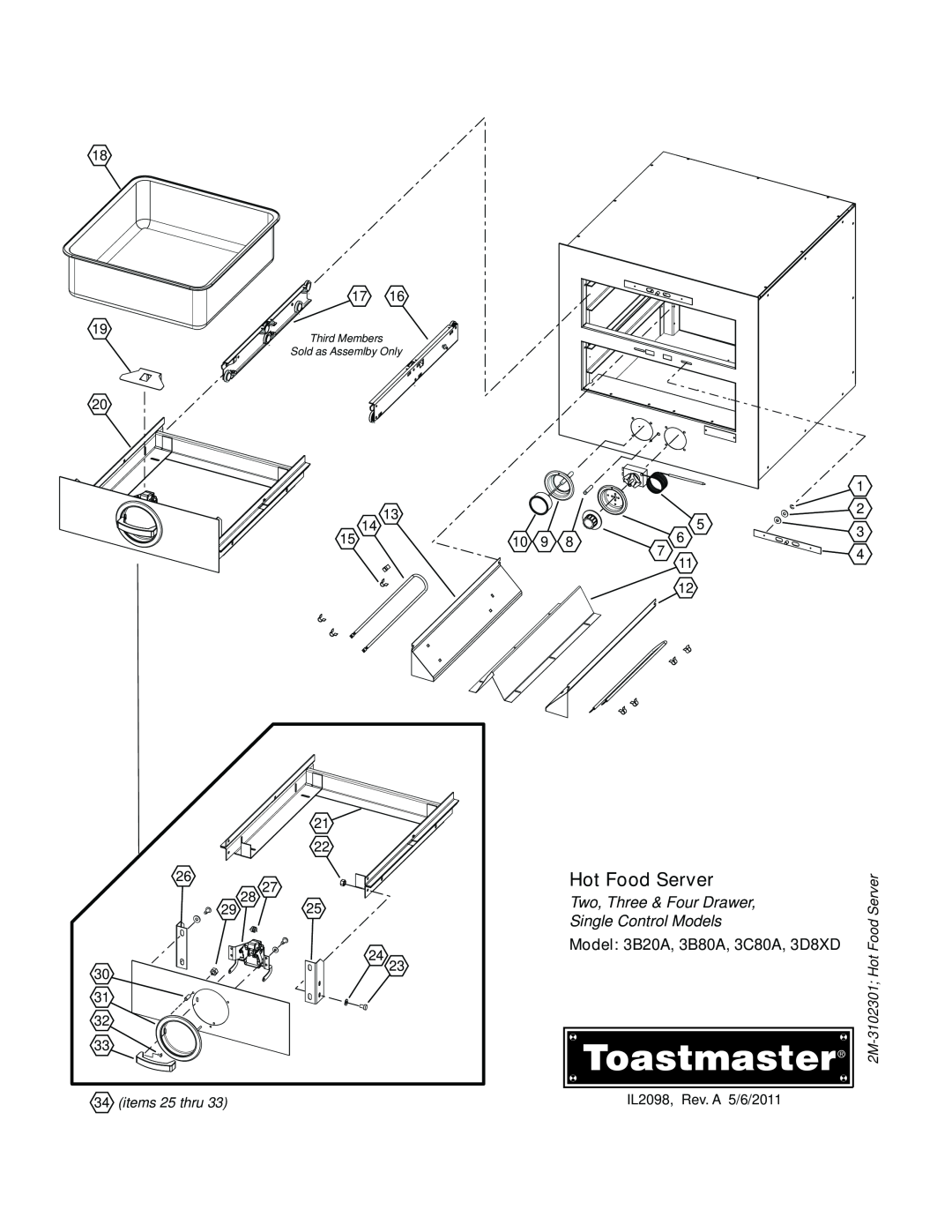 Toastmaster 3C84D manual Hot Food Server, Two, Three & Four Drawer, Single Control Models, Model 3B20A, 3B80A, 3C80A, 3D8XD 