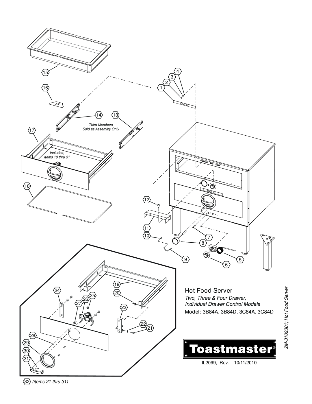 Toastmaster 3B20A, 3C84A manual Hot Food Server, Two, Three & Four Drawer, Individual Drawer Control Models, 4 3 2, 28 29 30 
