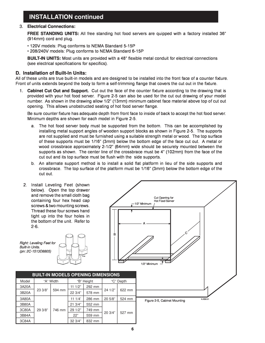 Toastmaster 3B84A, 3C84A, 3B84D, 3B20A manual INSTALLATION continued, D. Installation of Built-InUnits, Electrical Connections 