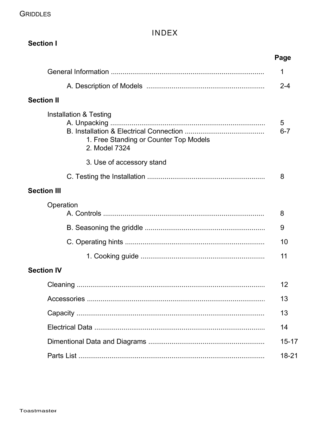 Toastmaster TA710, TA710S, 7224, 7236, 7324, 7336, 7348 manual Index 