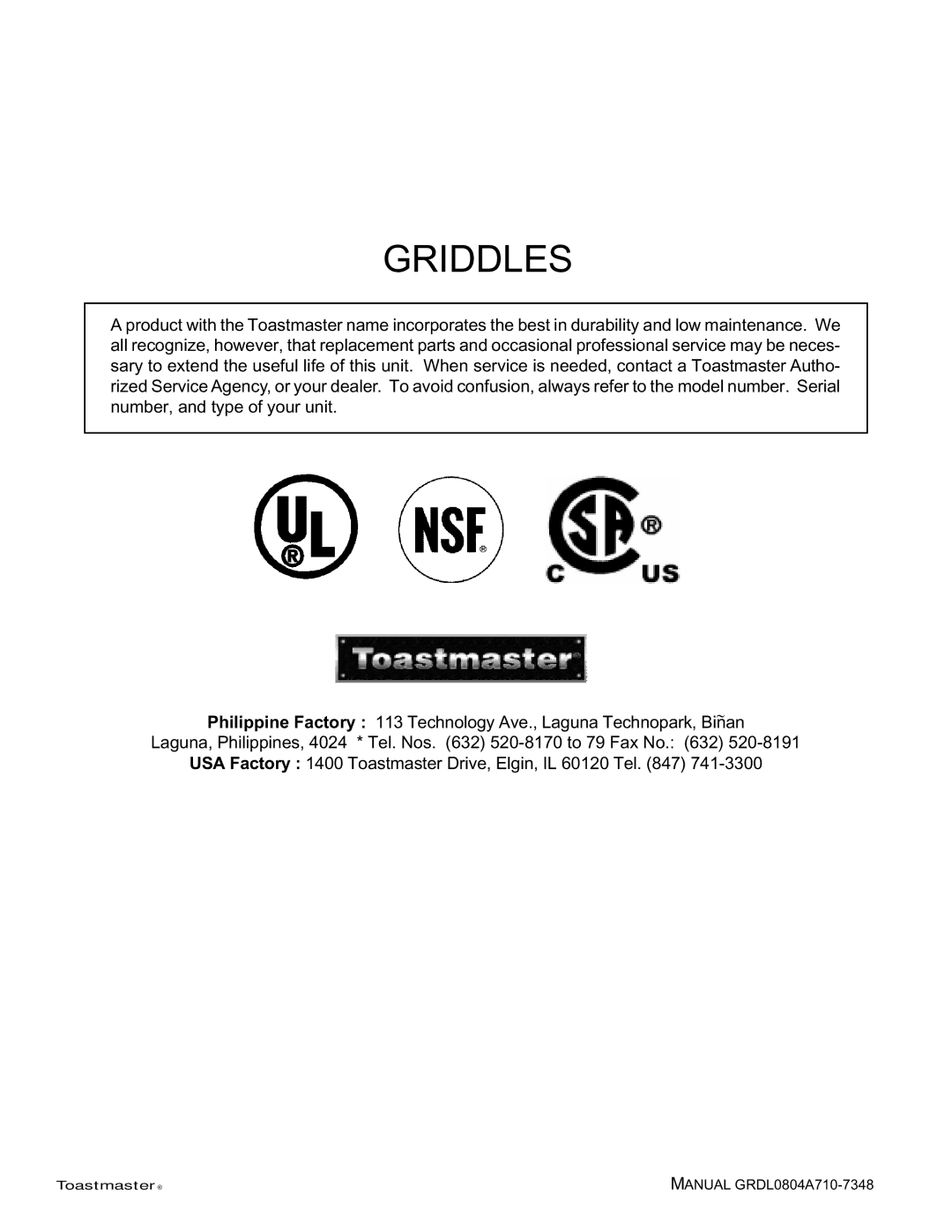 Toastmaster TA710, TA710S, 7224, 7236, 7324, 7336, 7348 manual Griddles 