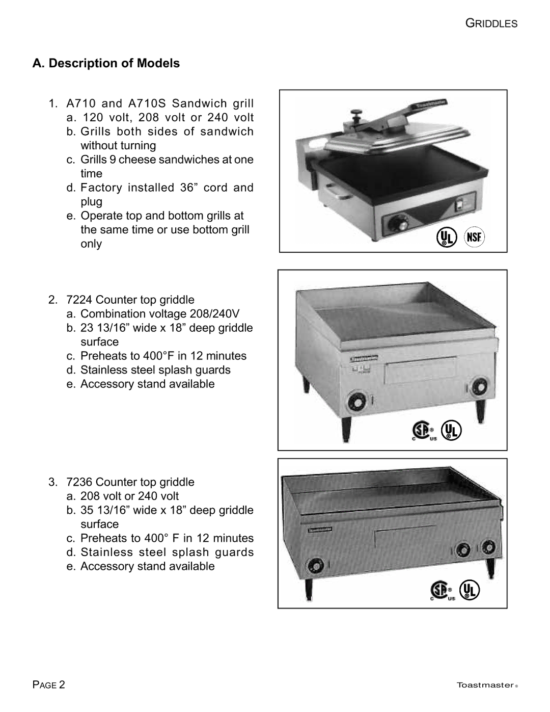 Toastmaster TA710, TA710S, 7224, 7236, 7324, 7336, 7348 manual Description of Models 