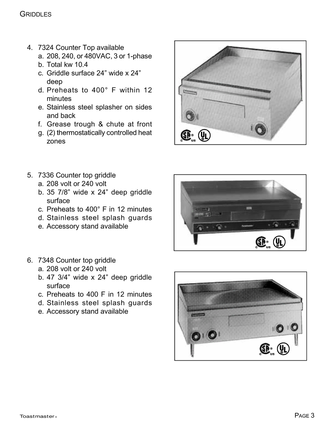 Toastmaster TA710, TA710S, 7224, 7236, 7324, 7336, 7348 manual Griddles 