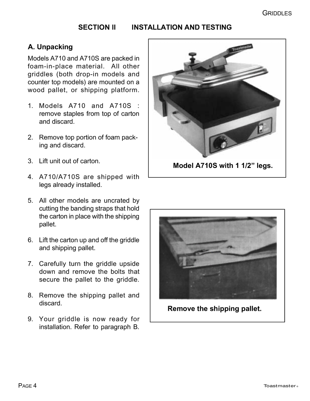 Toastmaster TA710, TA710S, 7224, 7236, 7324, 7336, 7348 manual Section II Installation and Testing, Unpacking 