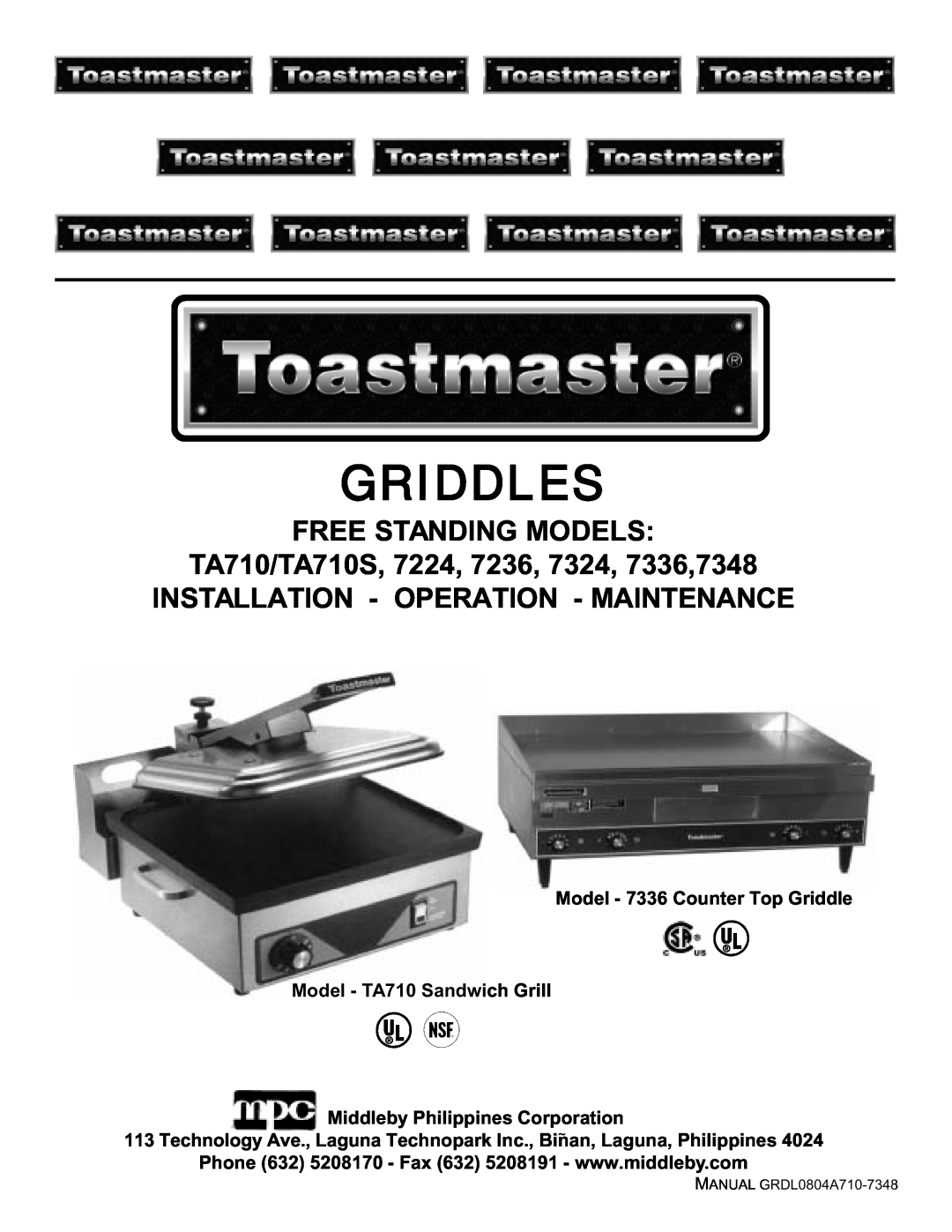 Toastmaster manual Griddles, FREE STANDING MODELS TA710/TA710S, 7224, 7236, 7324, 7336,7348 