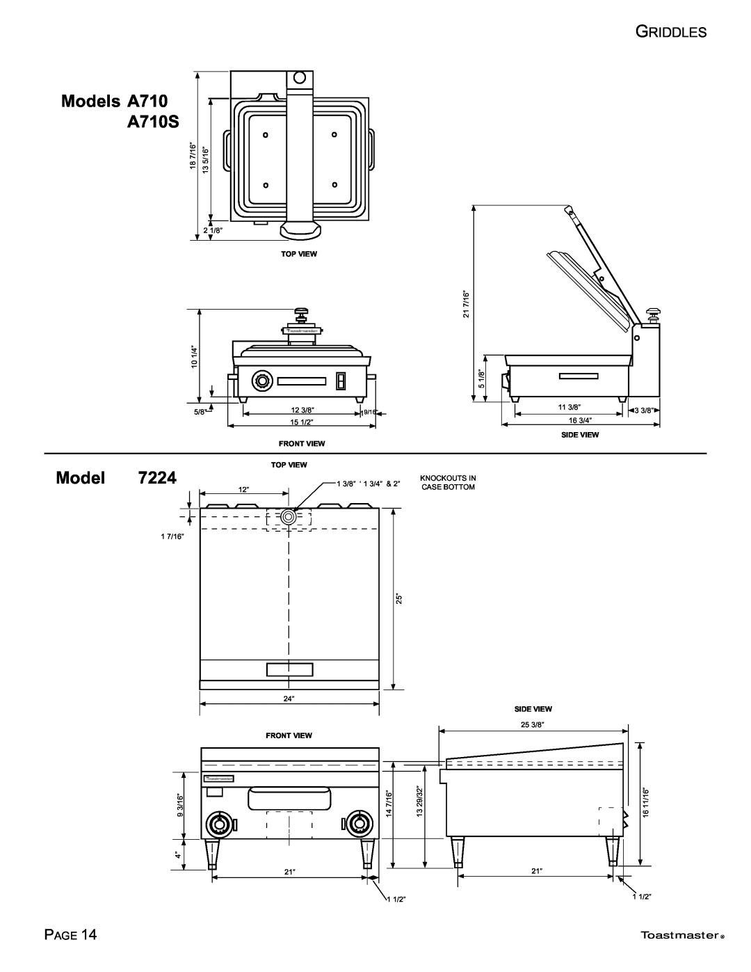 Toastmaster 7236, 7336, 7324, 7348, 7224 manual Models A710 A710S, Page, Toastmaster, Top View, Front View, Side View 