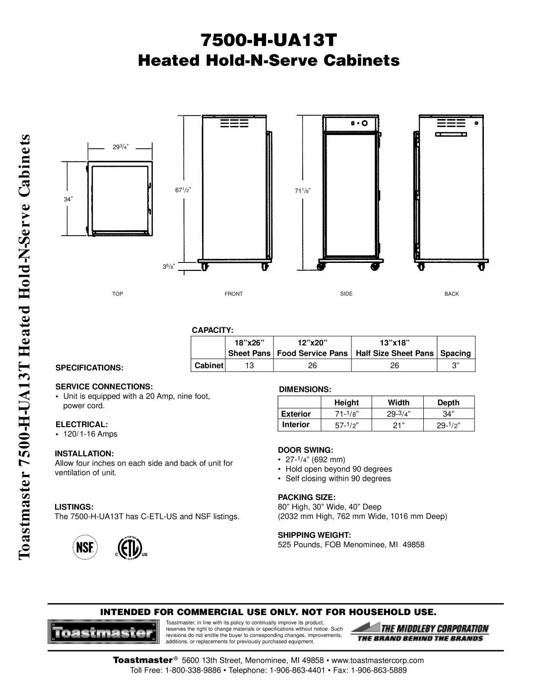 Toastmaster 7500-H-UA13T Capacity, Specifications, Service Connections, Electrical, Installation, Listings, Dimensions 