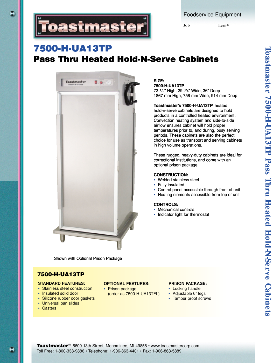 Toastmaster 7500-H-UA13TP manual Pass Thru Heated Hold-N-ServeCabinets, Foodservice Equipment 